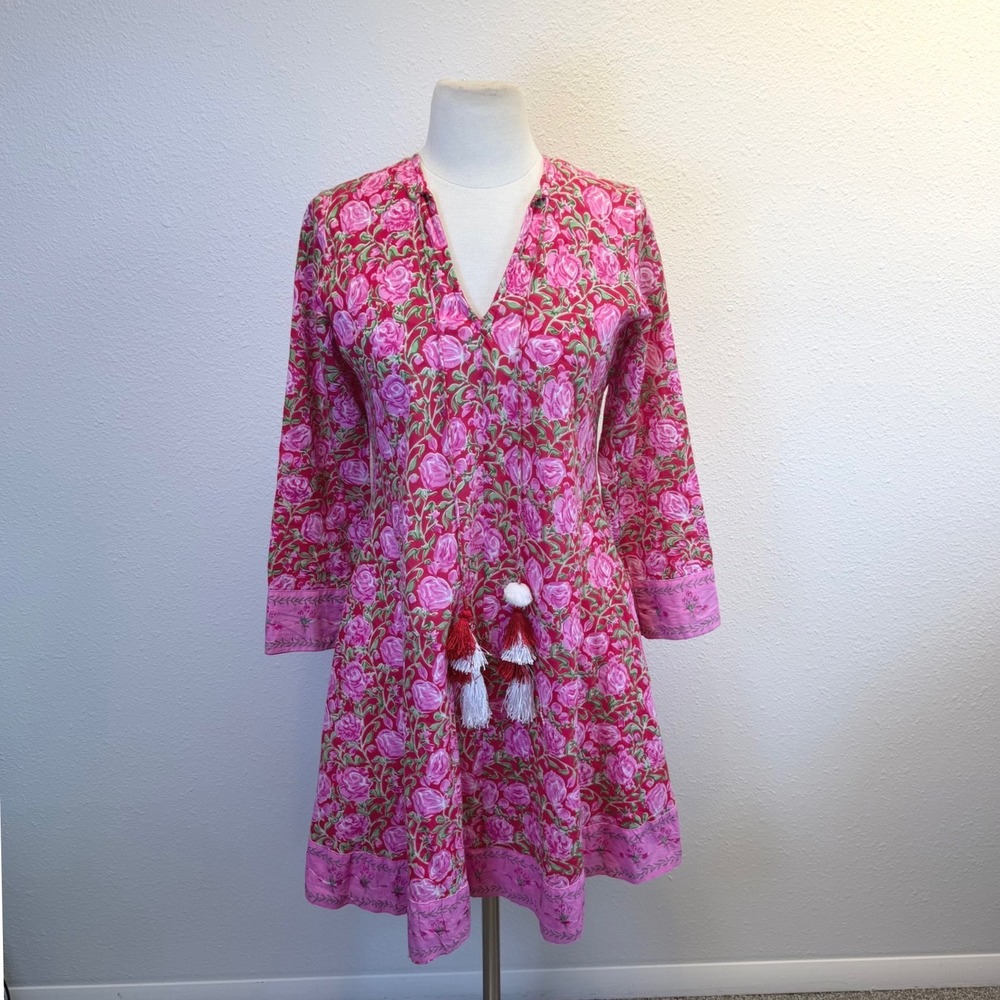 Mary Marshmellow Pink‎ And Red Floral Dress Sz XS Tassel Coquette Quarter Sleeve